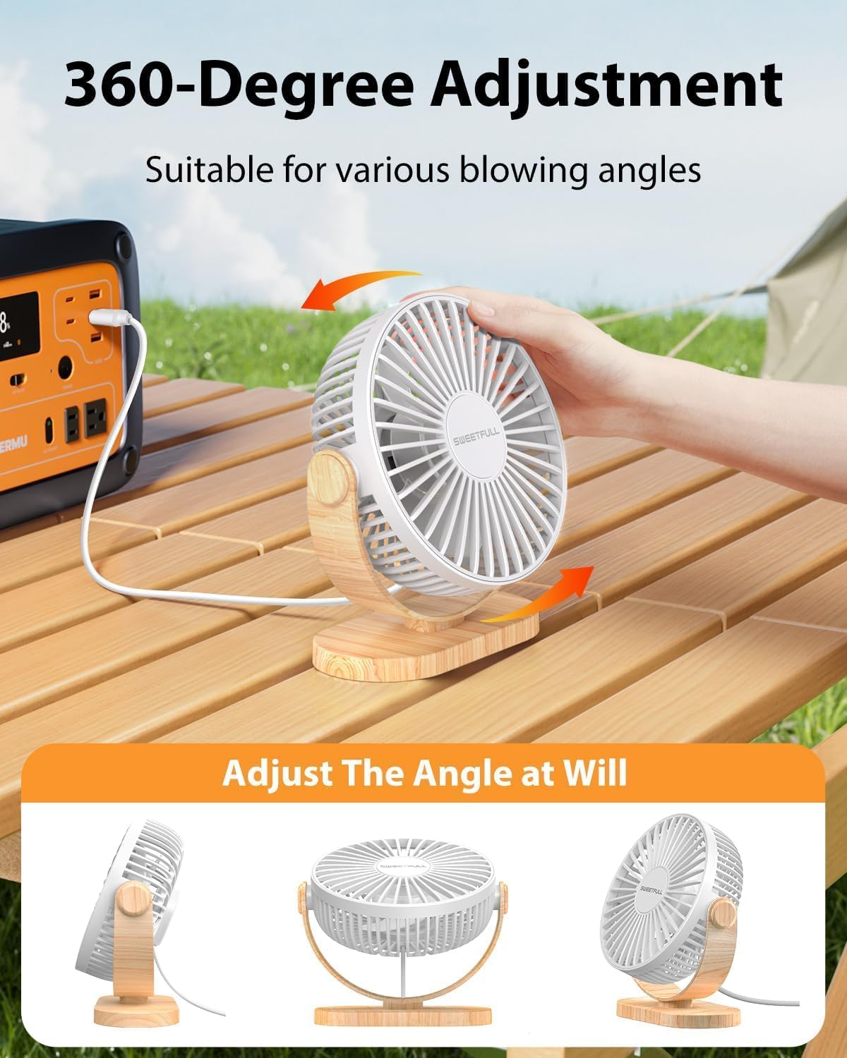 SWEETFULL Quiet 3-Speed Portable Desk Fan, 360° Adjustable, White, Whisper NEW
