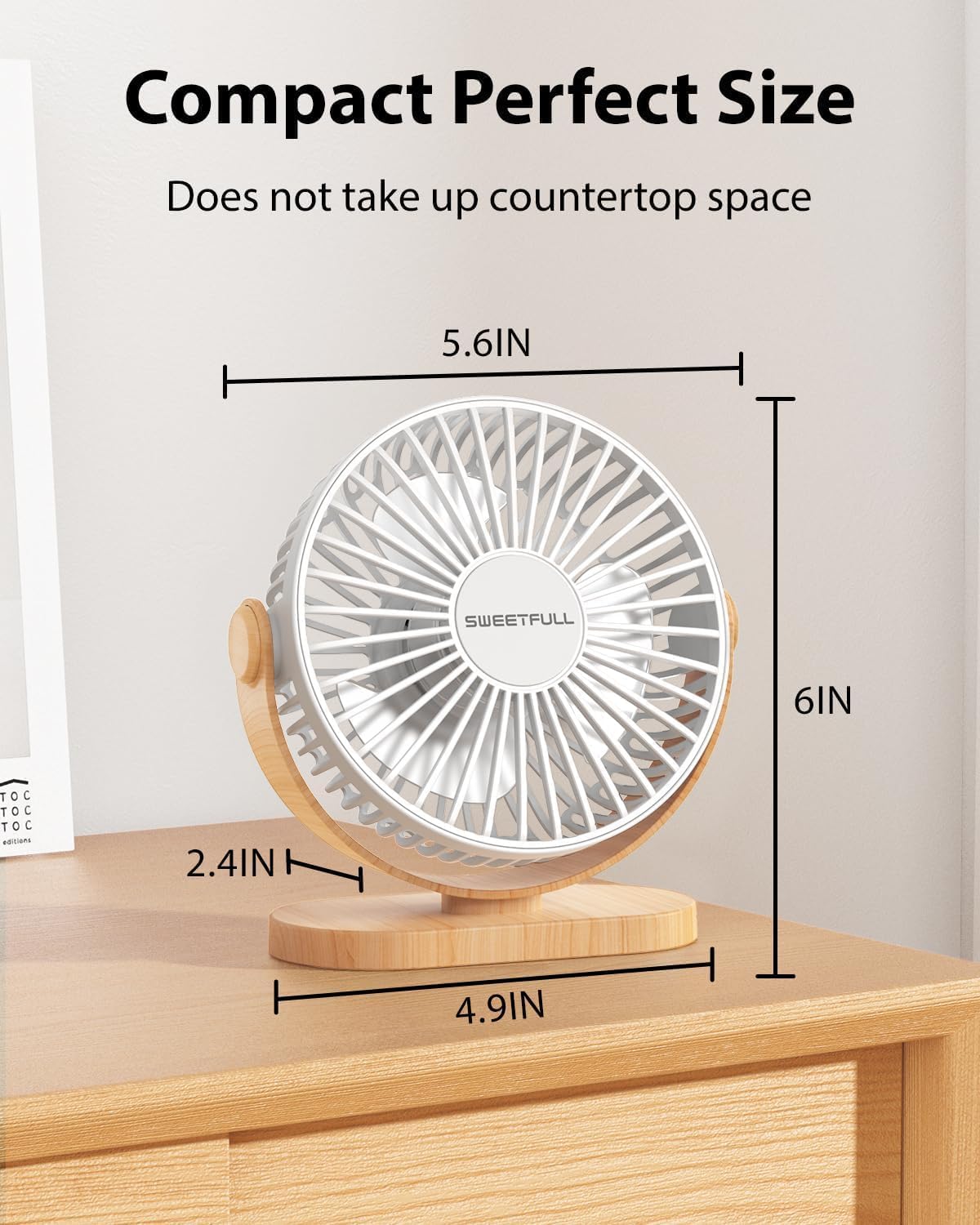 SWEETFULL Quiet 3-Speed Portable Desk Fan, 360° Adjustable, White, Whisper NEW