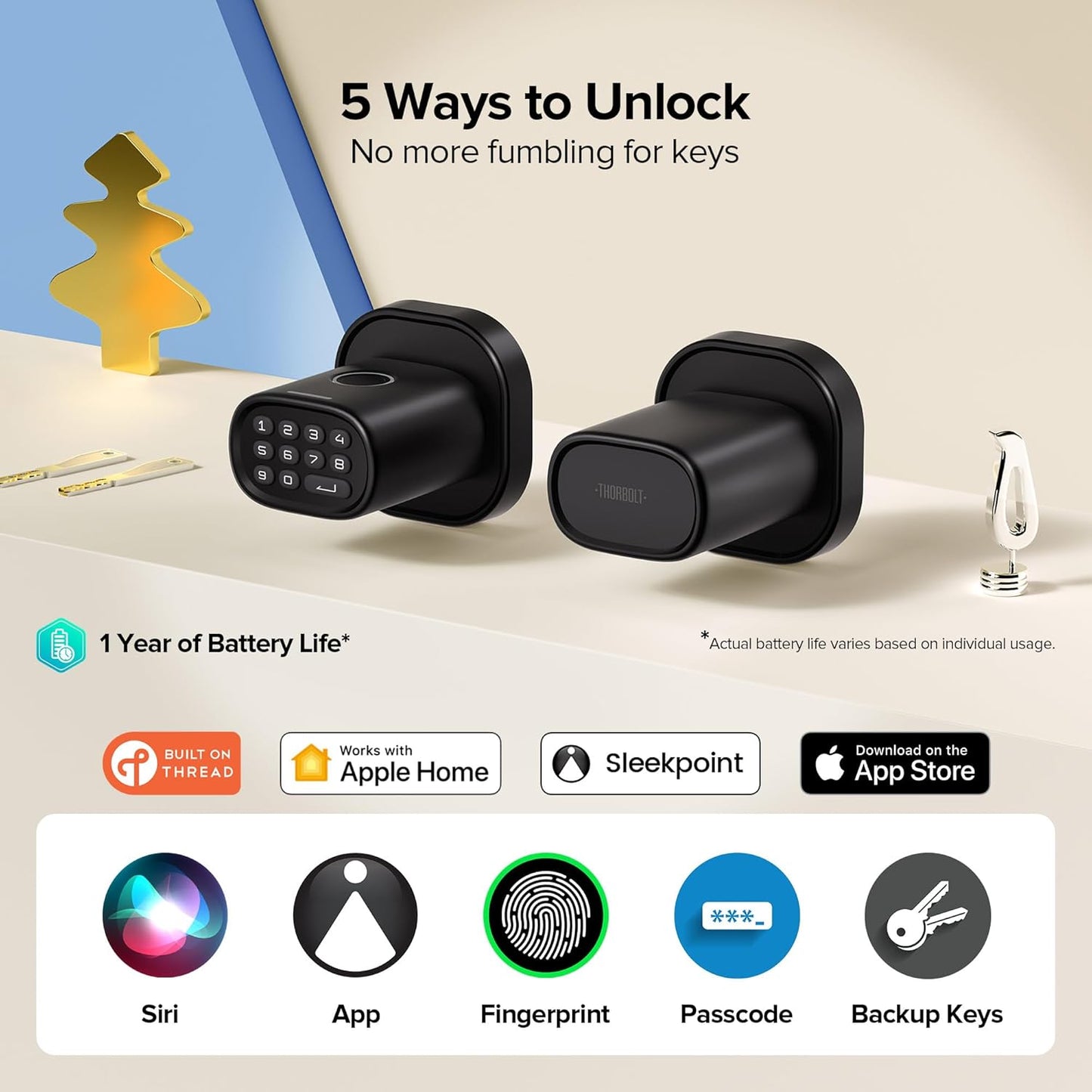 ThorBolt Fingerprint Door Lock Keypad Knob Enhanced Home Security Black NEW