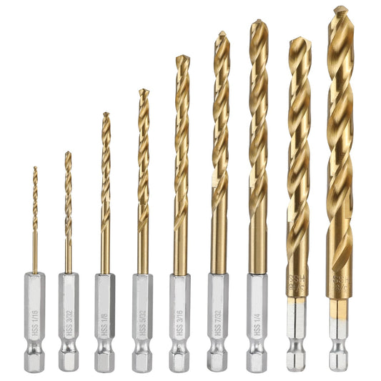 WORKPRO 9-Piece 1/4" Hex Shank Drill Bit Set Titanium Plating HSS Bits NEW
