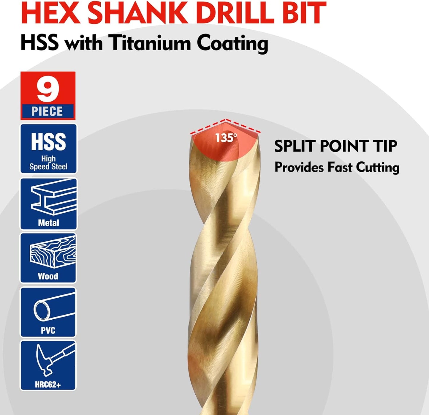 WORKPRO 9-Piece 1/4" Hex Shank Drill Bit Set Titanium Plating HSS Bits NEW