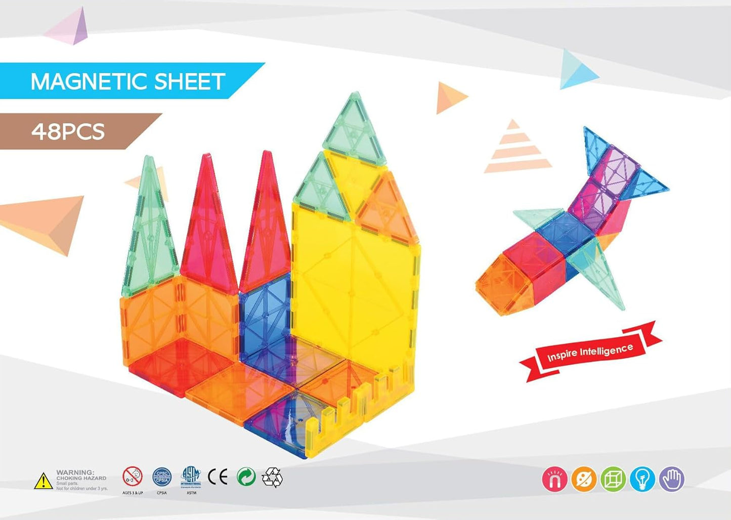 Lenoxx 48-Piece Multi-Color Magnetic Building Tiles Puzzle Set for Kids NEW