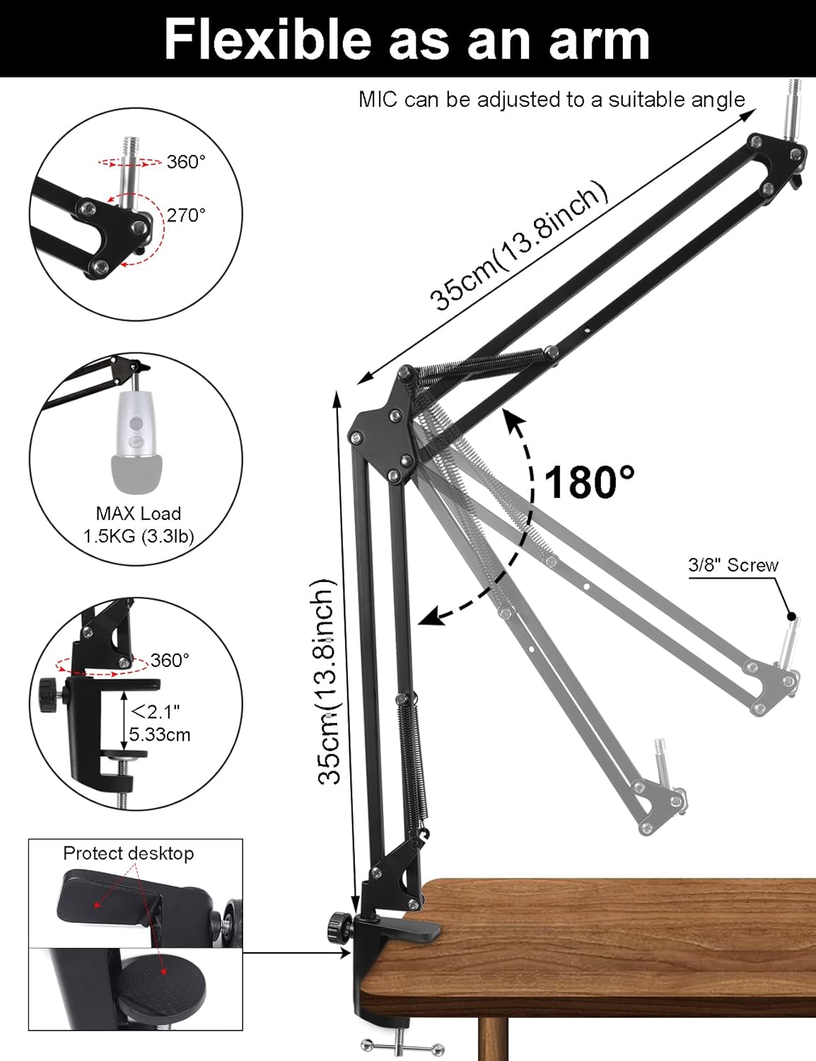 Oimlfus Adjustable Stands Microphone Desk Stand, Alloy Steel, Black, DEMO