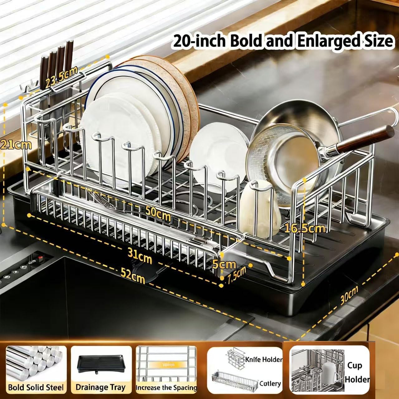 YLJHDD Solid 304 Stainless Steel Dish Rack, Versatile Drainer for Kitchen NEW