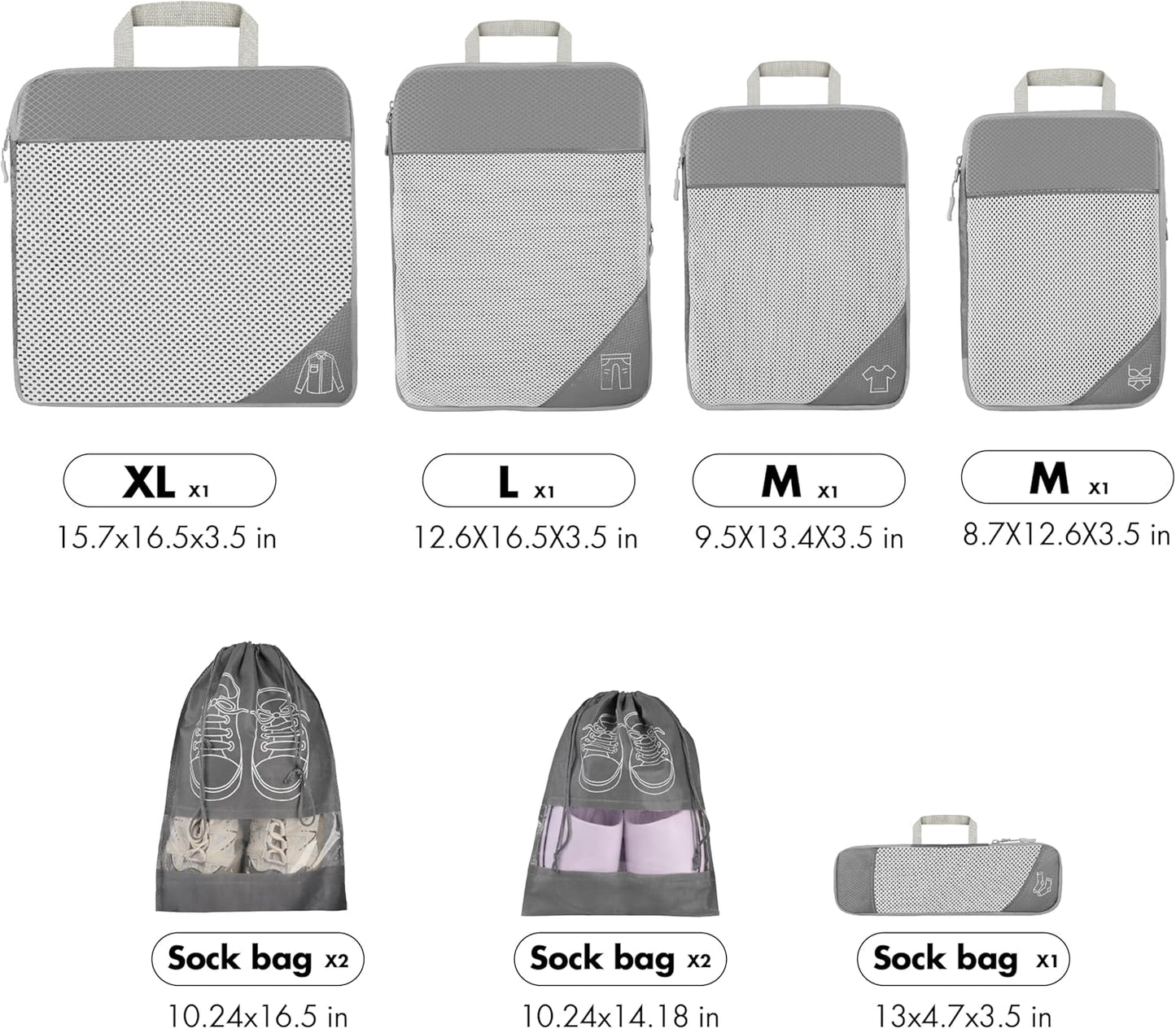 Depcler Ultralight Expandable Travel Packing Organizers Cubes Set Gray NEW