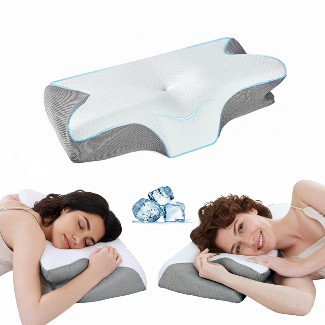 PORIYA Ergonomic Cervical Neck Pillow Memory Foam Cooling Cover Grey White NEW