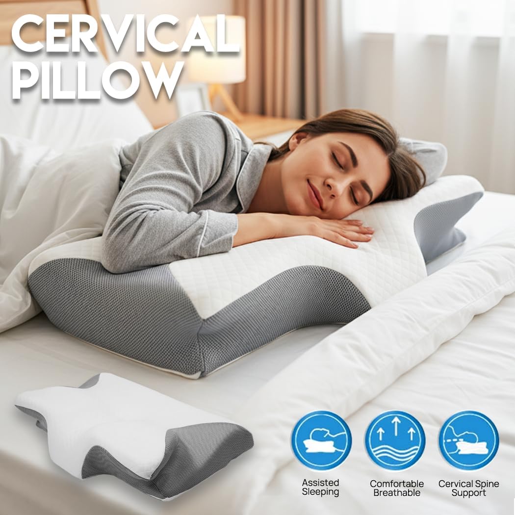 PORIYA Ergonomic Cervical Neck Pillow Memory Foam Cooling Cover Grey White NEW