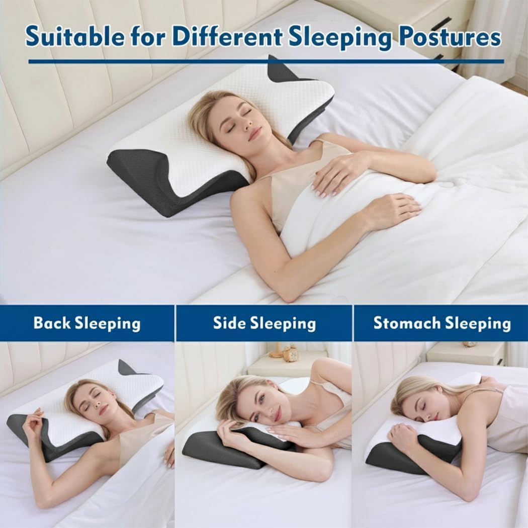 PORIYA Ergonomic Cervical Neck Pillow Memory Foam Cooling Cover Grey White NEW
