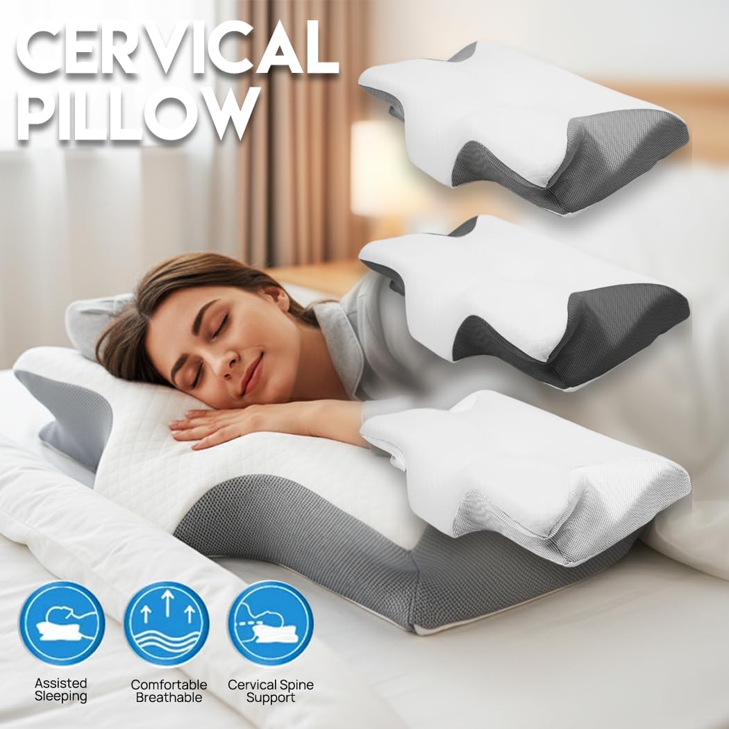 PORIYA Ergonomic Cervical Neck Pillow Memory Foam Cooling Cover Grey White NEW