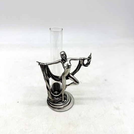 VINTAGE Art Deco Style Silver Metal Lady Sculpture & Glass Bud Vase 14cm