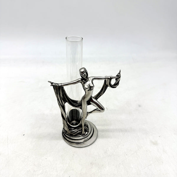 VINTAGE Art Deco Style Silver Metal Lady Sculpture & Glass Bud Vase 14cm