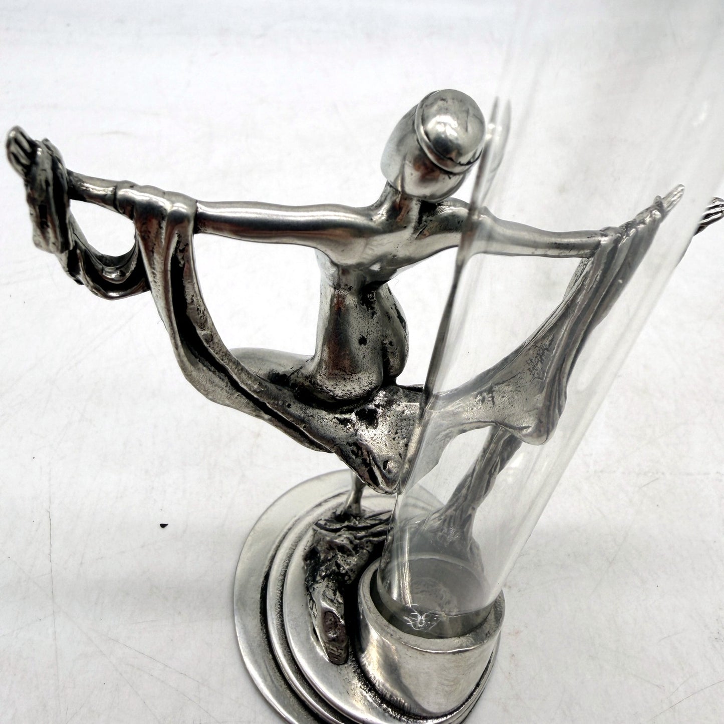 VINTAGE Art Deco Style Silver Metal Lady Sculpture & Glass Bud Vase 14cm