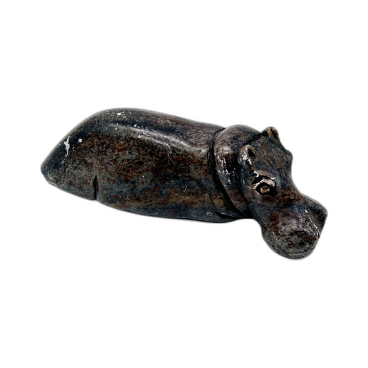 Carved Stone Hippo Figurine Decorative Animal Sculpture Dark Brown Black
