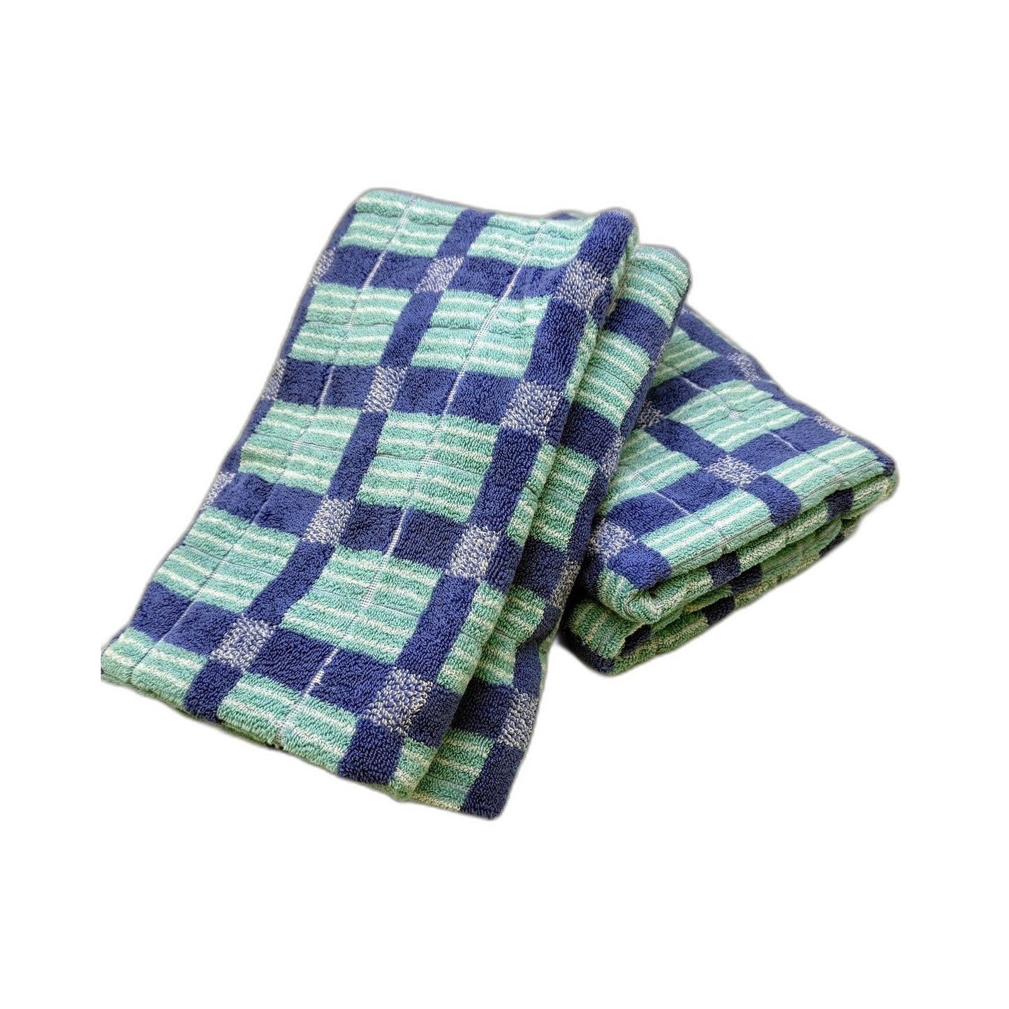 Soft & Absorbent Blue Tone Checkered 2 Pack Standard Bath Towels NEW