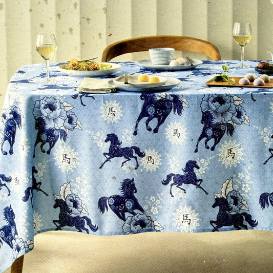 Floral & Horse Oriental Design Tablecloth Cotton Polyester 1.35m x 1.80m NEW