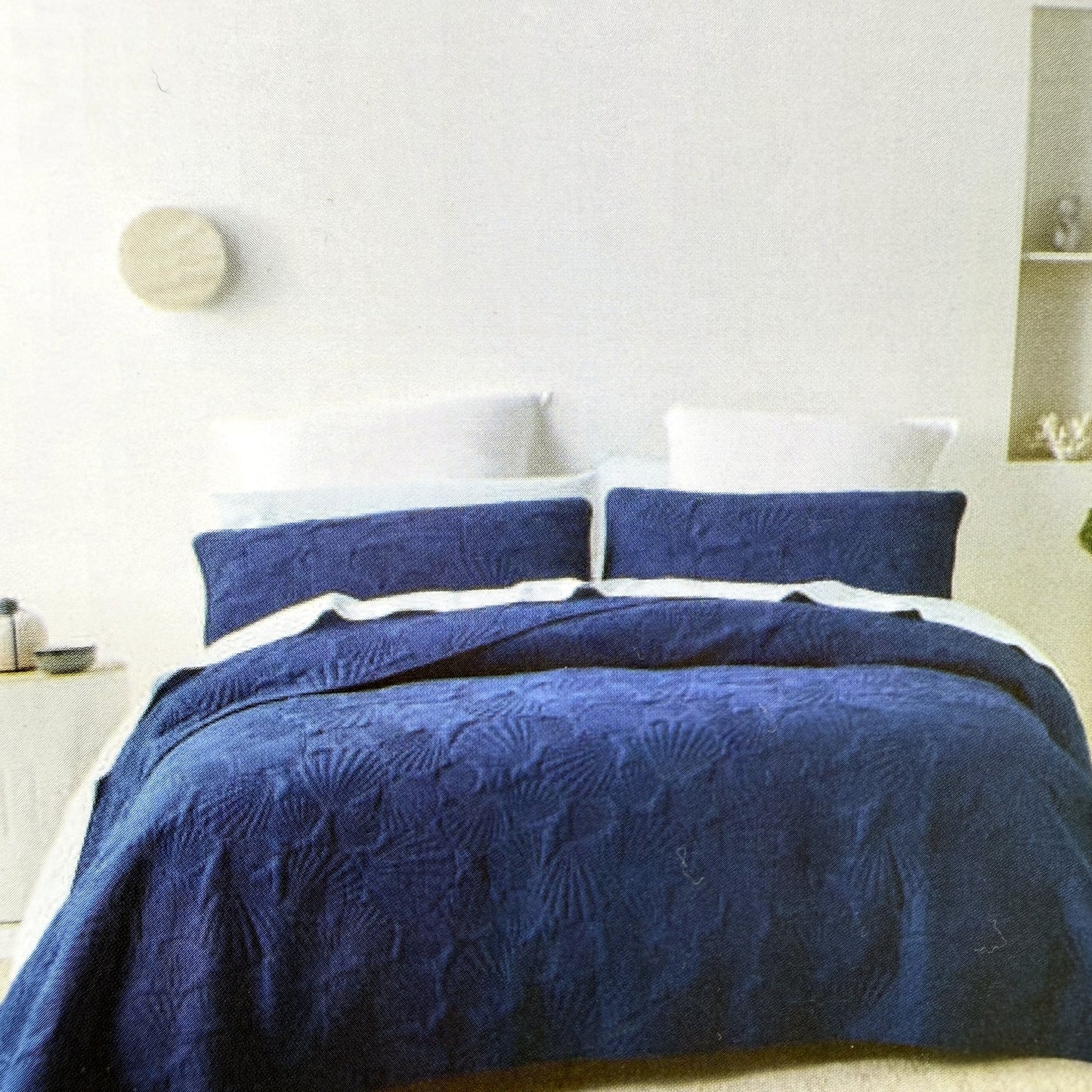 Quilted Coverlet Set Navy Blue Shell Design Cotton Bedding Fits Queen/King NEW