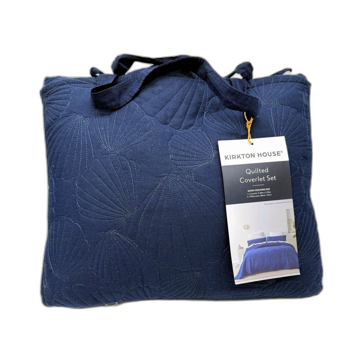 Quilted Coverlet Set Navy Blue Shell Design Cotton Bedding Fits Queen/King NEW