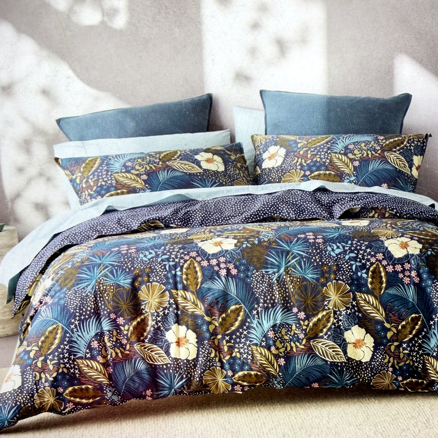 Navy Blue Tone Reversible Cotton Quilt Cover Set Floral Polka Dot KING Size NEW
