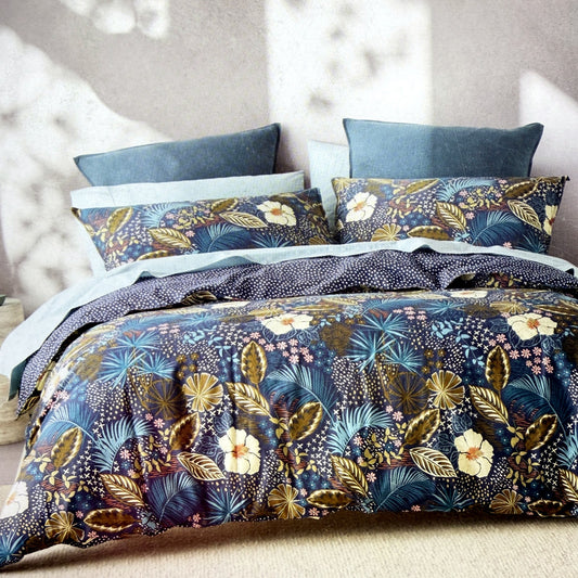 Navy Blue Tone Reversible Cotton Quilt Cover Set Floral Polka Dot KING Size NEW