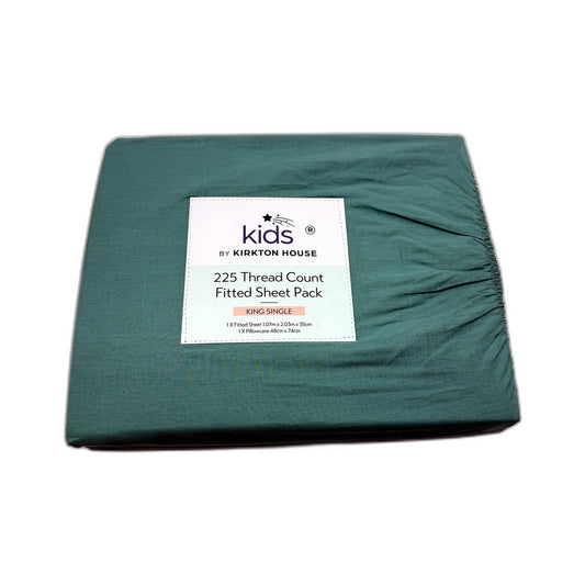 Easy Wash Green 225TC 100% Cotton Fitted Sheet Pack Kids for King Single Bed NEW