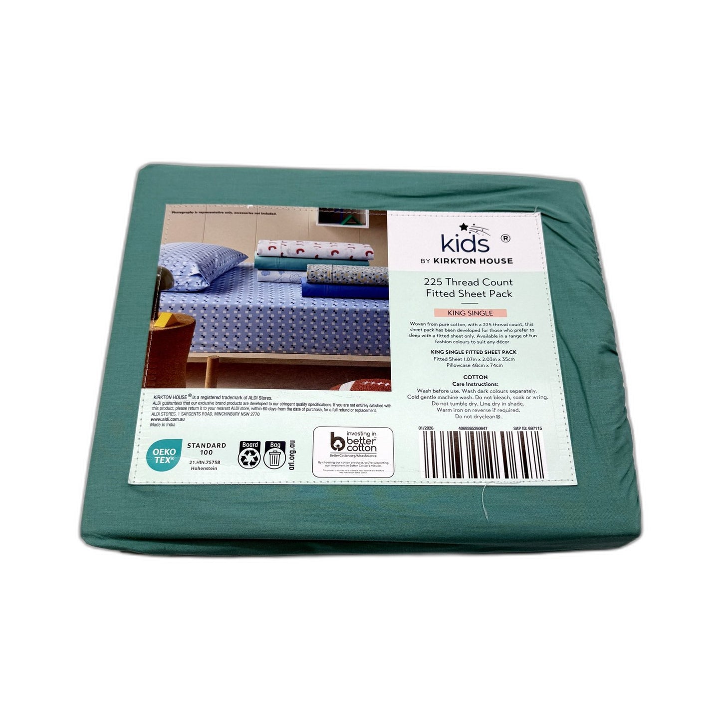 Easy Wash Green 225TC 100% Cotton Fitted Sheet Pack Kids for King Single Bed NEW