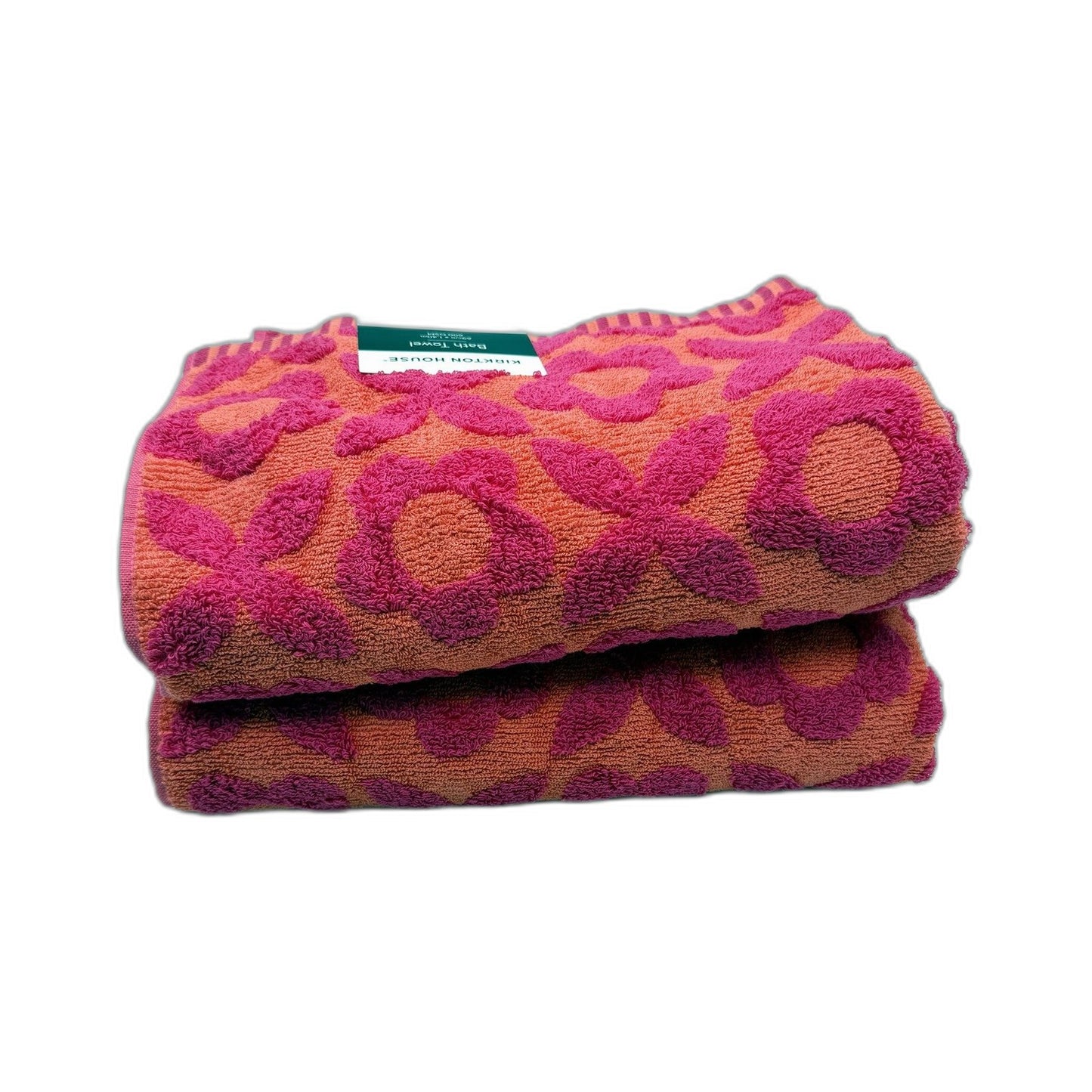 Flower Design Pink & Orange Soft Absorbent Bath Towels Twin Pack NEW