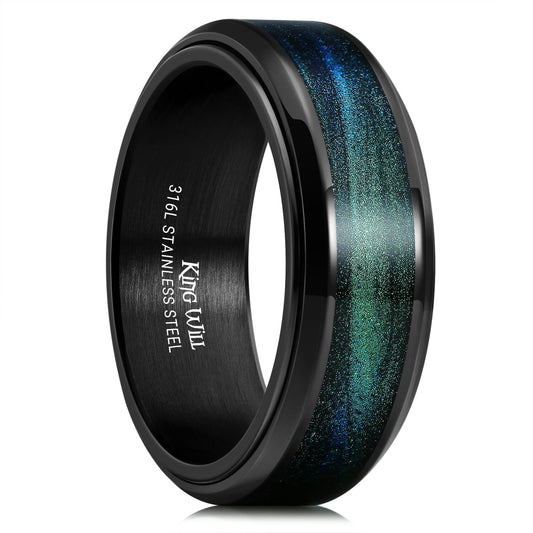 King Will Ring 8mm Stainless Steel Spinner Band Black-Blue Green Men Size 13 NEW