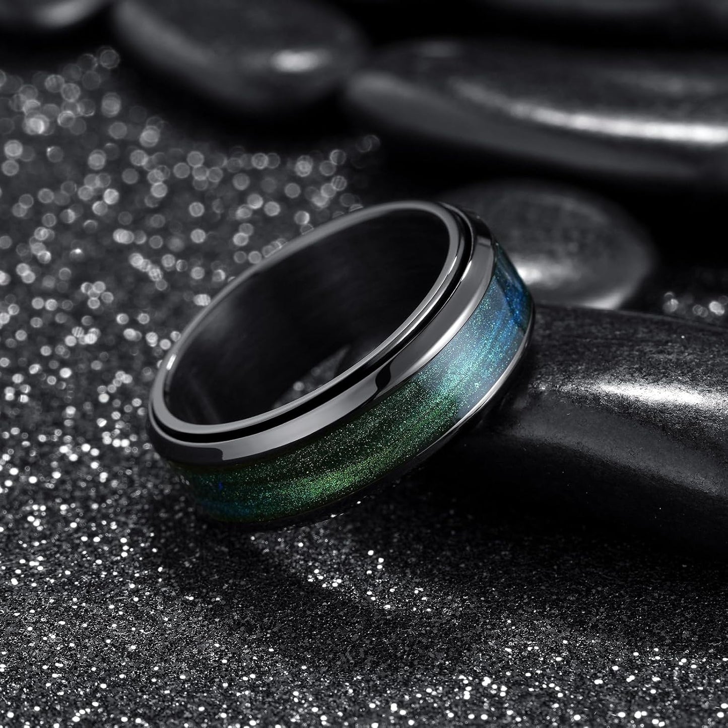 King Will Ring 8mm Stainless Steel Spinner Band Black-Blue Green Men Size 13 NEW