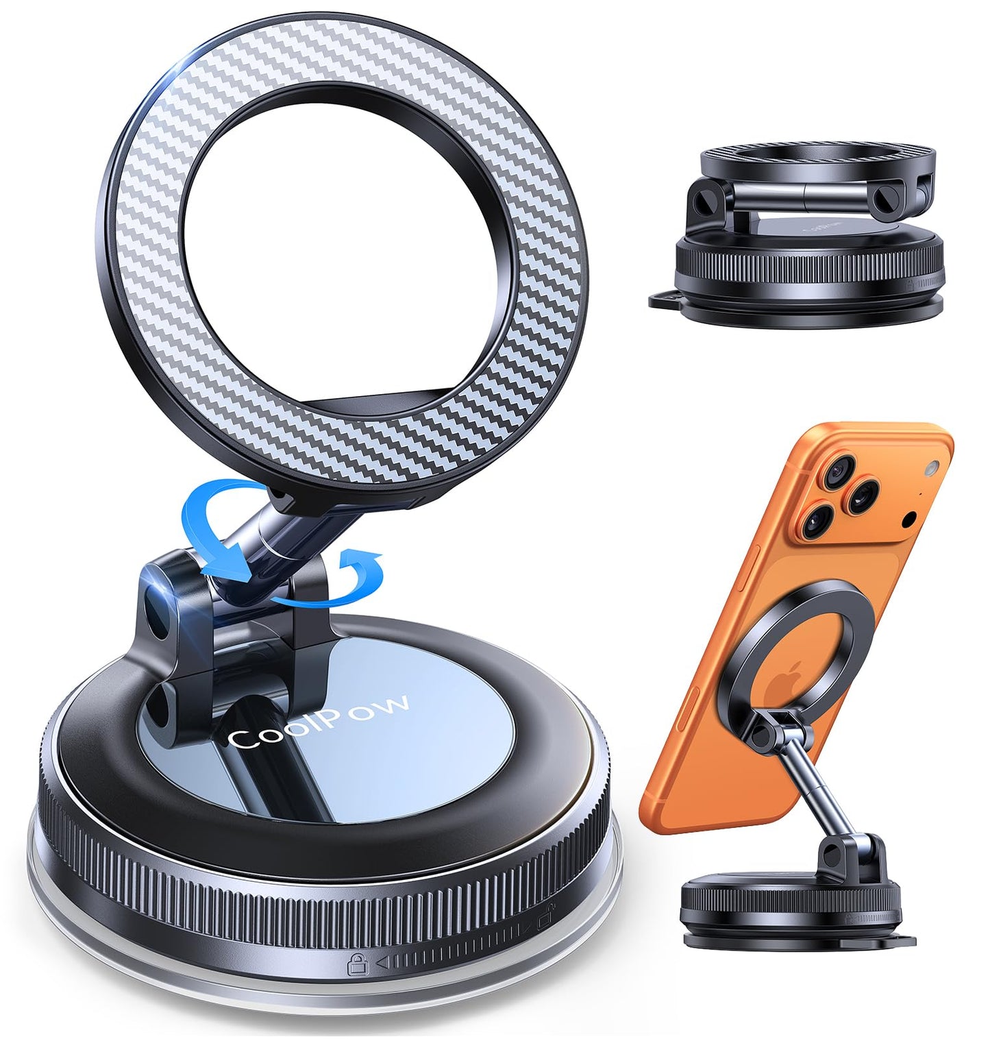 Coolpow Dash-Mounted Holder Interchangeable Vacuum Gel Suction Carbon Fiber NEW