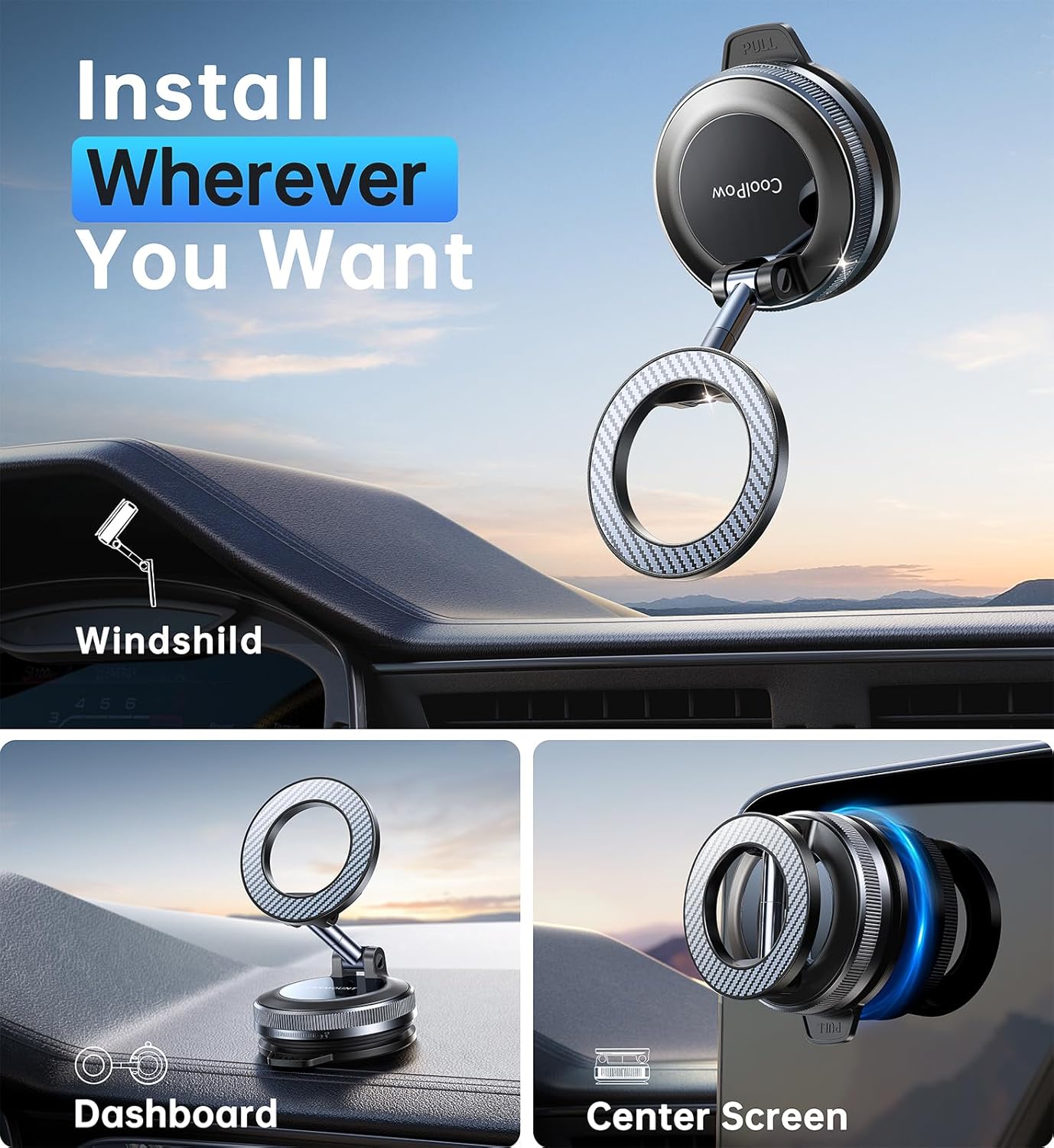 Coolpow Dash-Mounted Holder Interchangeable Vacuum Gel Suction Carbon Fiber NEW