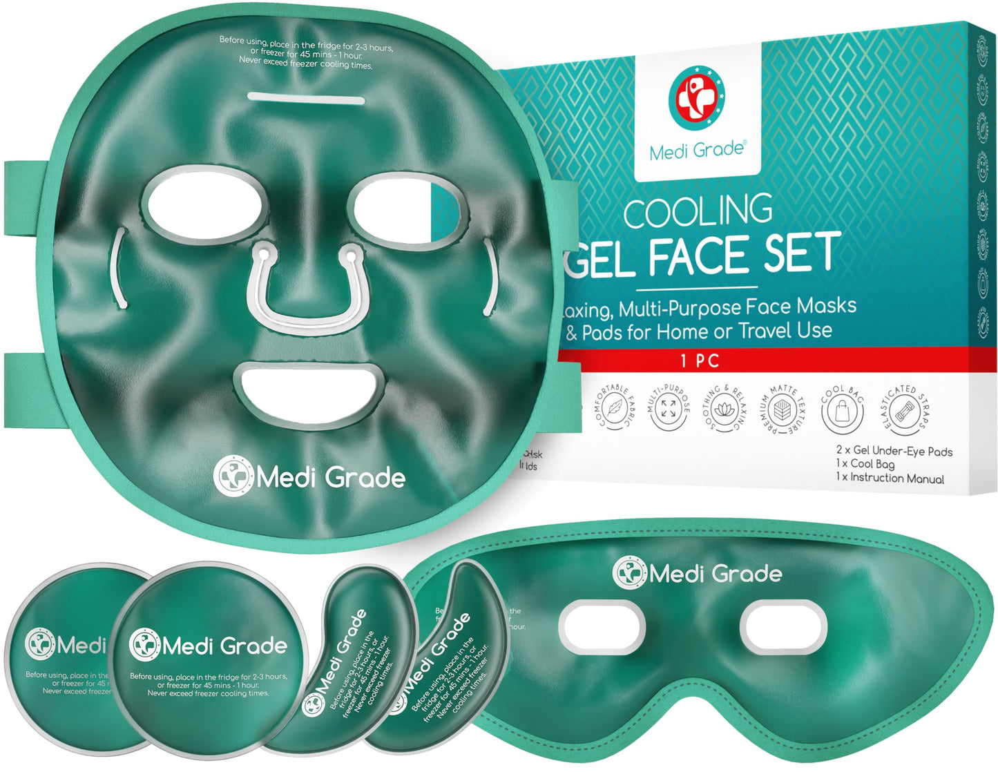 Medi Grade Cooling Face Mask Set Puffy Eyes Insulated Thermo-bag 1 Count NEW