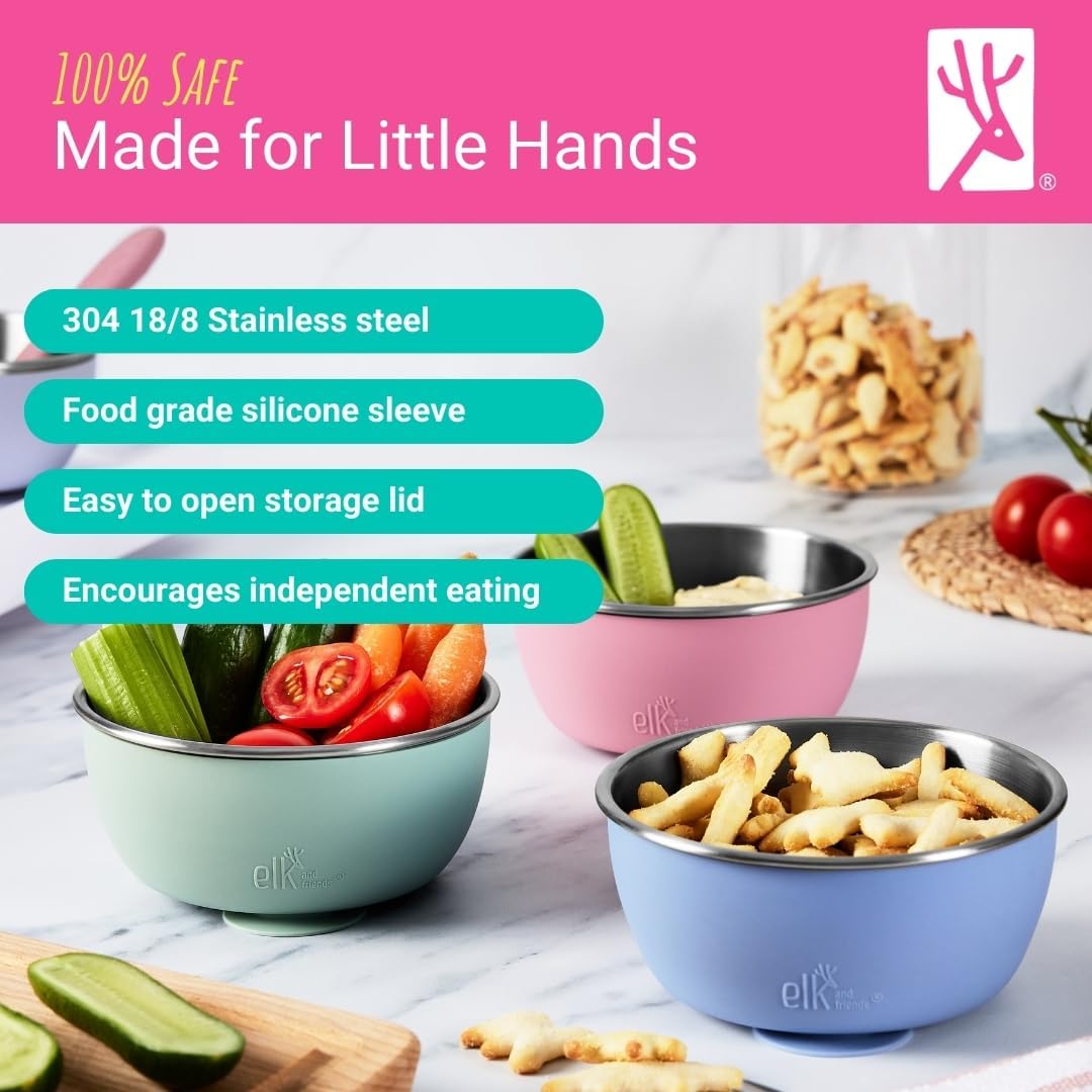 Elk and Friends Stainless Steel Bowls with Silicone Suction Sleeves Lids DEMO
