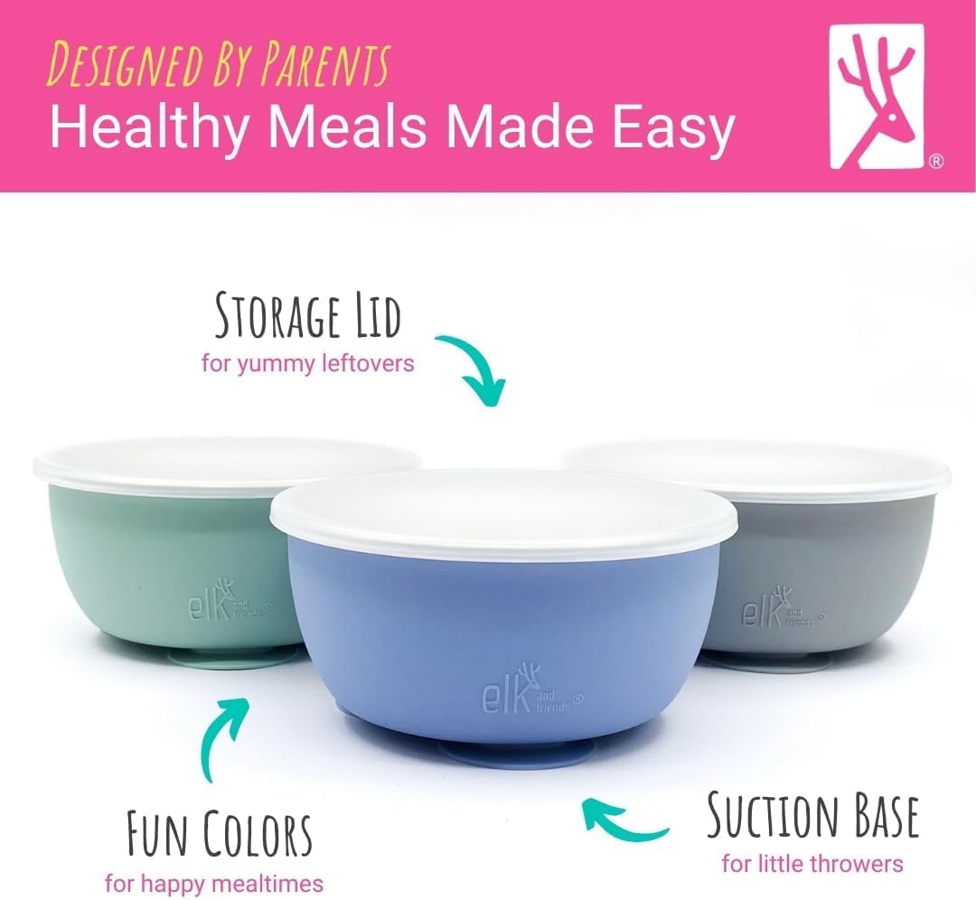 Elk and Friends Stainless Steel Bowls with Silicone Suction Sleeves Lids DEMO