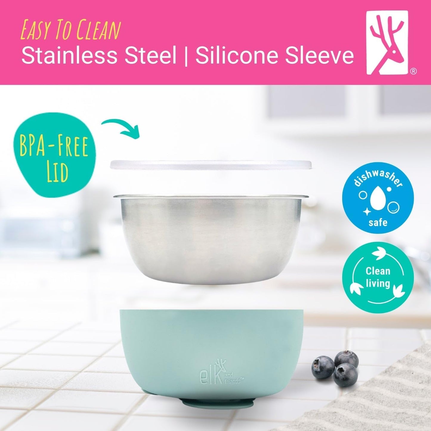 Elk and Friends Stainless Steel Bowls with Silicone Suction Sleeves Lids DEMO