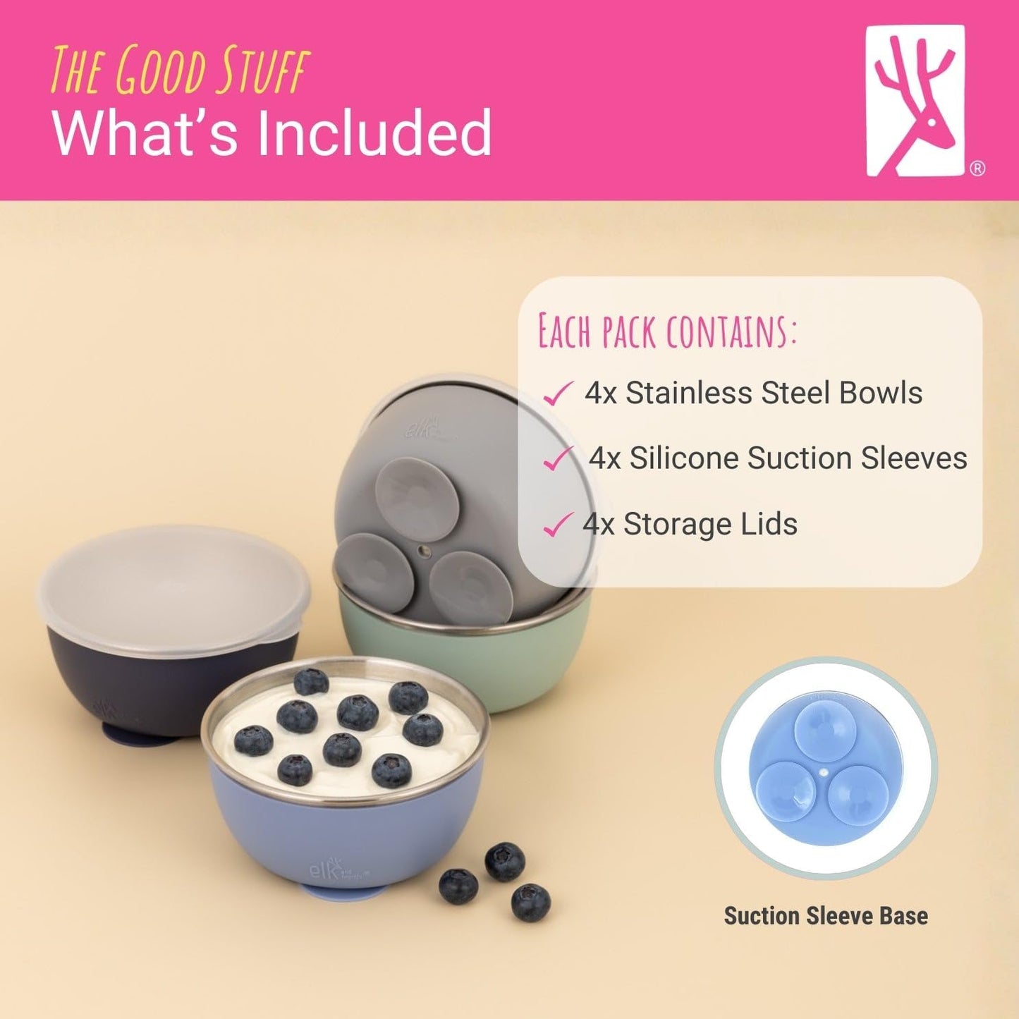 Elk and Friends Stainless Steel Bowls with Silicone Suction Sleeves Lids DEMO