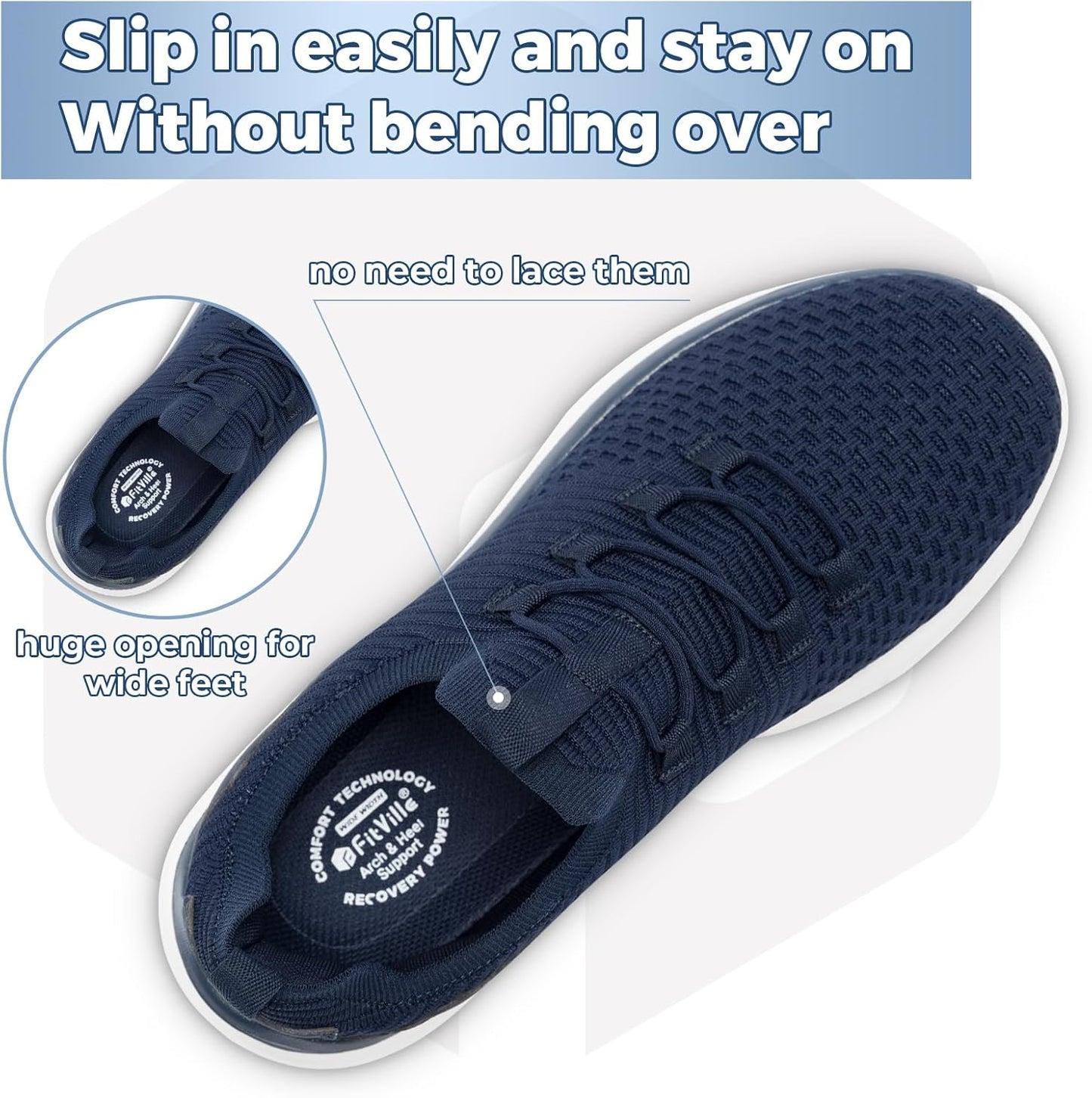 FitVille Breathable Navy Blue Slip-On Trainers for All-Day WIDE FIT US 13 DEMO