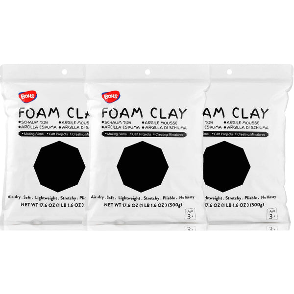 BOHS Black Foam Clay Squishy Soft Air Dry for School Projects & Crafts 3 Pk NEW