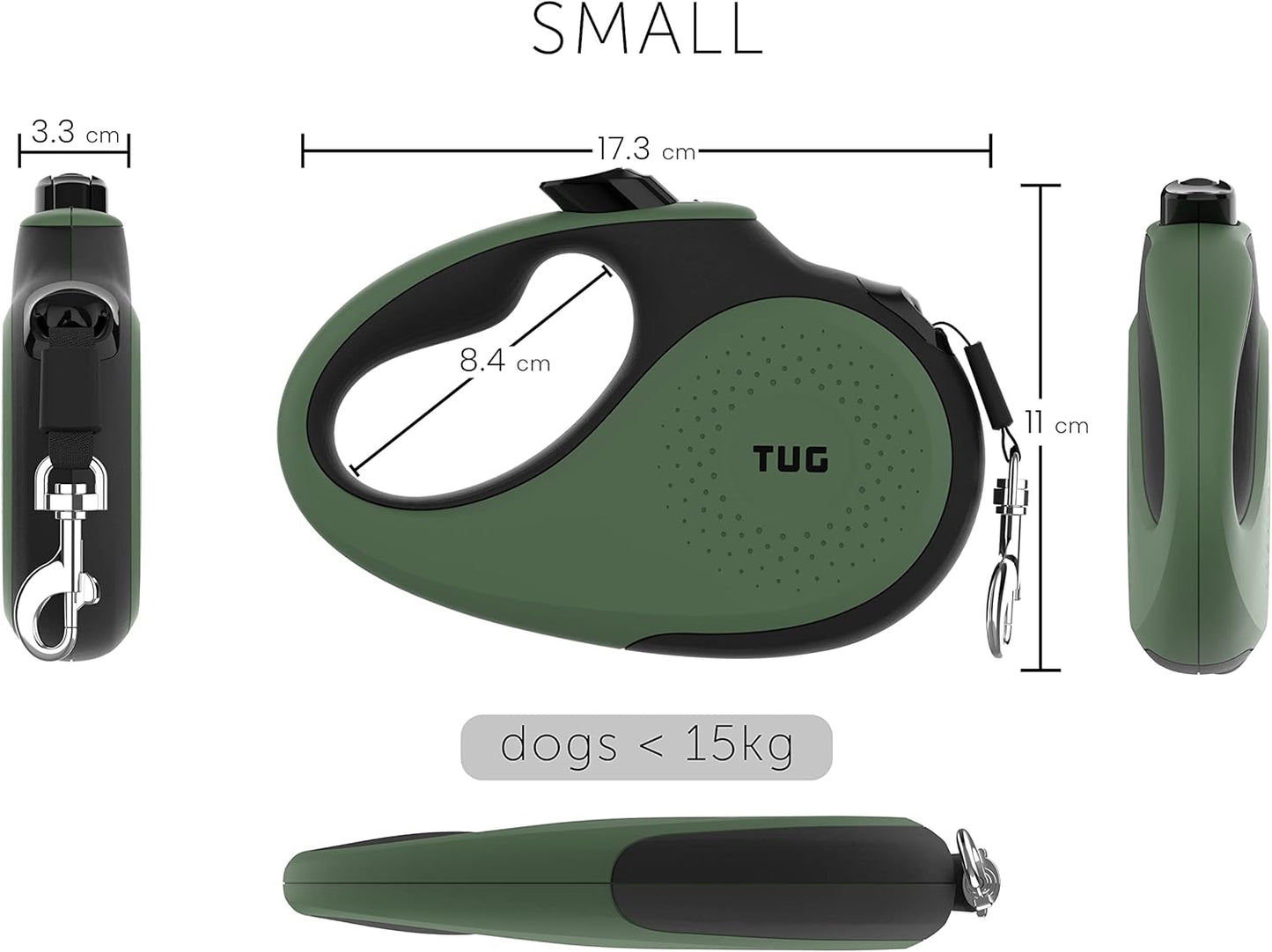 TUG Retractable Dog Leash, Tangle-Free Nylon, 5m Strong Size Small Green NEW