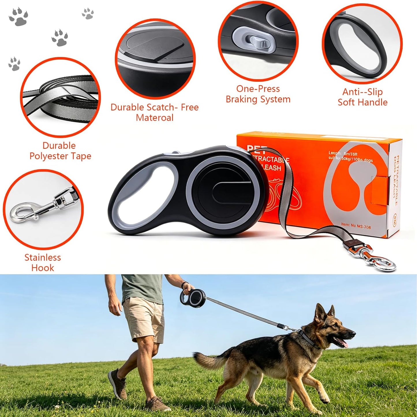 AIDERLY Retractable Dog Leash Heavy Duty Nylon Tape Black Grey 8M DEMO