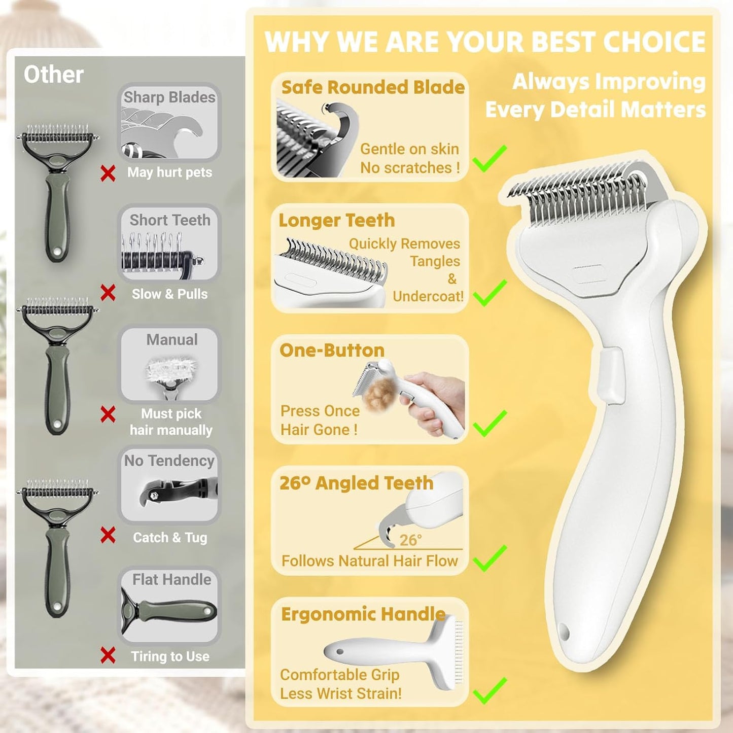 ViCorus Pet Brushes Grooming Brush Dematting Comb Undercoat Rake White NEW