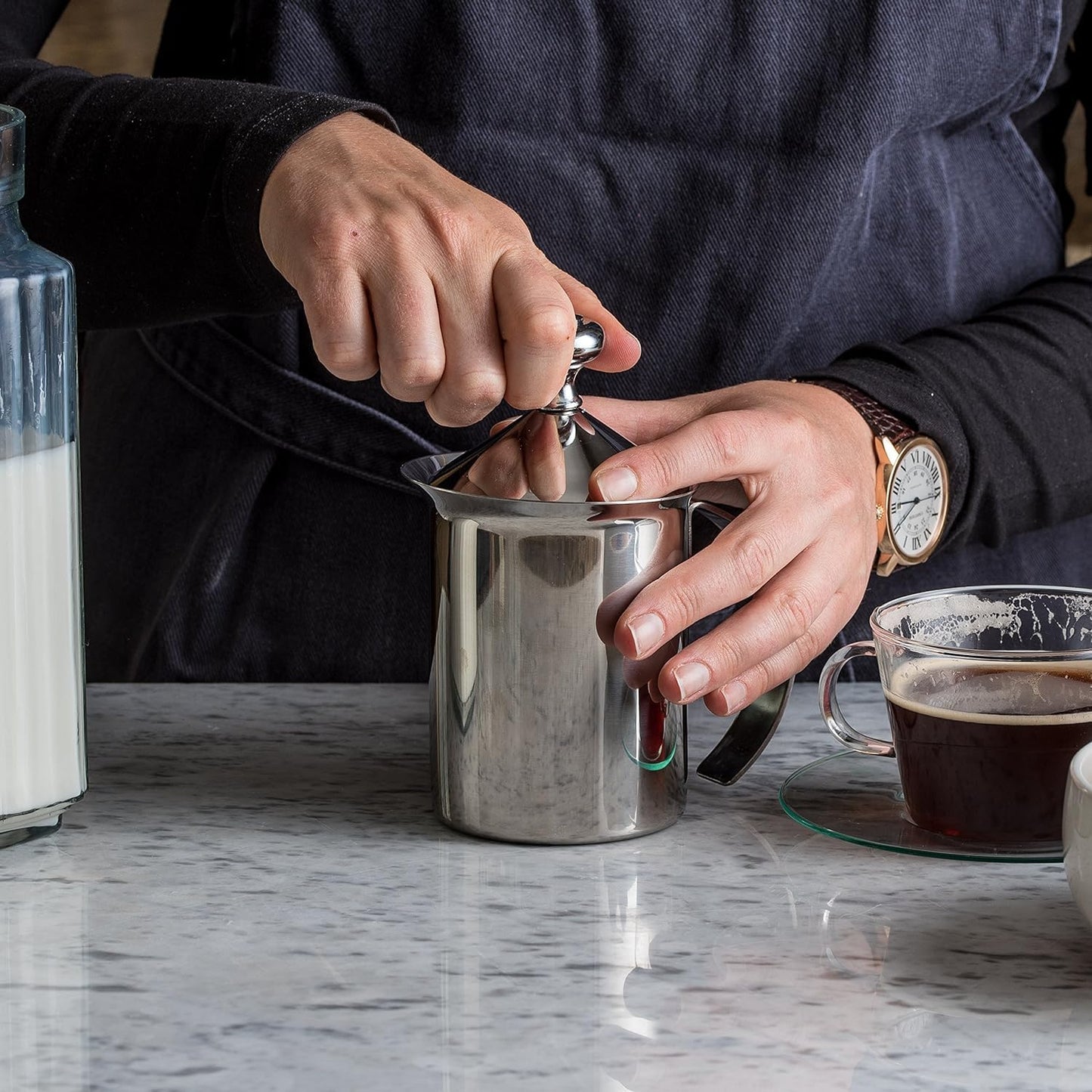 Stainless Steel Manual Milk Frother and Foamer with Filter Screen DEMO
