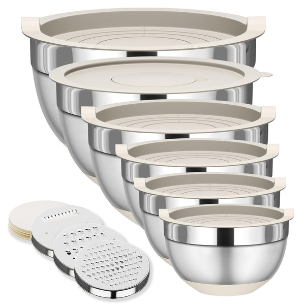 ZeroStage Stainless Steel Mixing Bowl Set & Beige Lids 1.1-5.5 QT Non-Slip NEW