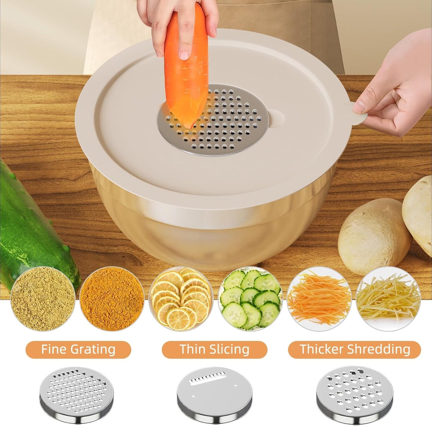 ZeroStage Stainless Steel Mixing Bowl Set & Beige Lids 1.1-5.5 QT Non-Slip NEW