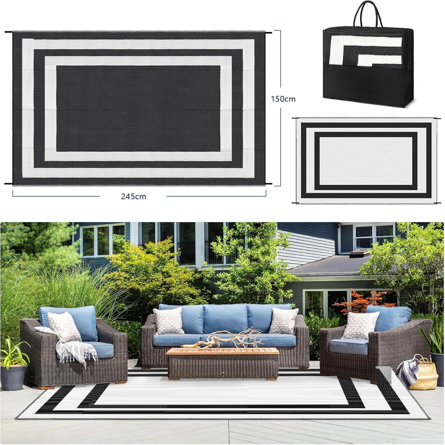 Jabykare Outdoor Rug Reversible Portable Waterproof Black Size 245 x 150 cm NEW