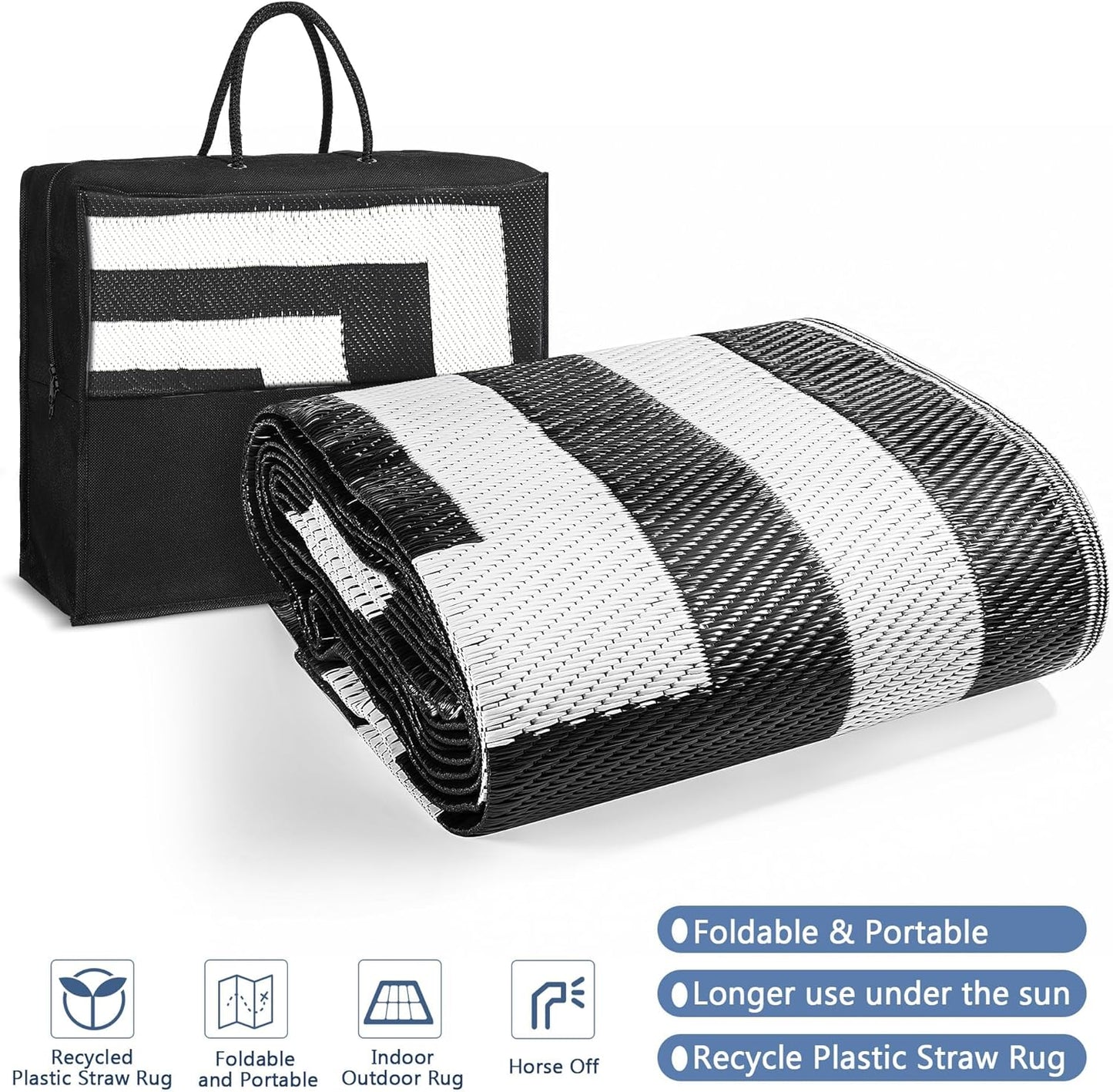Jabykare Outdoor Rug Reversible Portable Waterproof Black Size 245 x 150 cm NEW