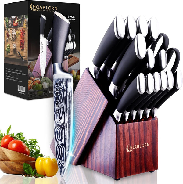 HOABLORN 15Pce Professional Stainless Steel Kitchen Knife Set Wood Block NEW