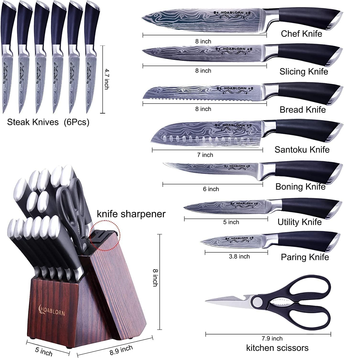 HOABLORN 15Pce Professional Stainless Steel Kitchen Knife Set Wood Block NEW