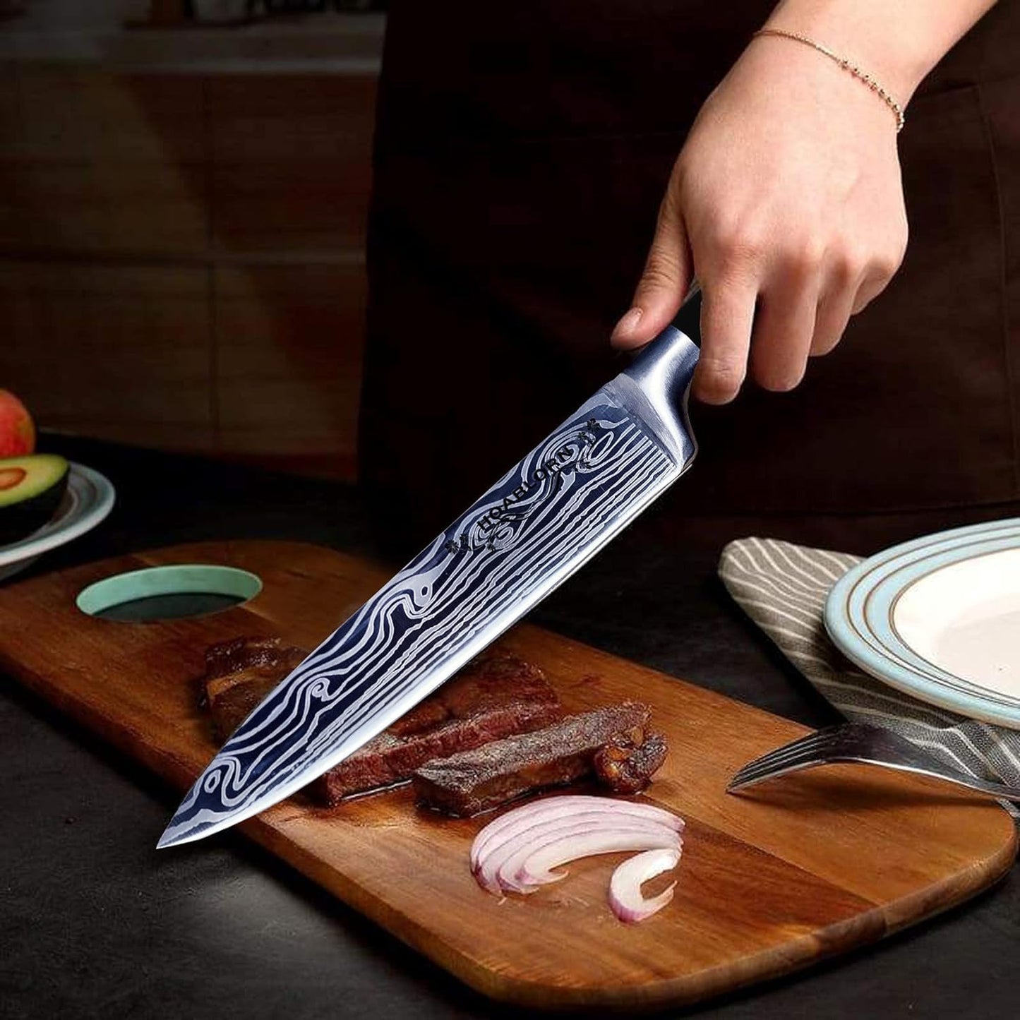 HOABLORN 15Pce Professional Stainless Steel Kitchen Knife Set Wood Block NEW