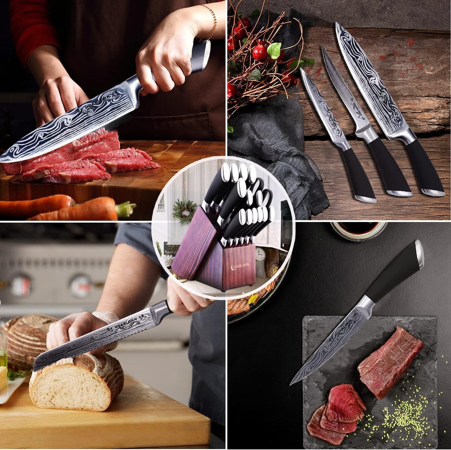 HOABLORN 15Pce Professional Stainless Steel Kitchen Knife Set Wood Block NEW