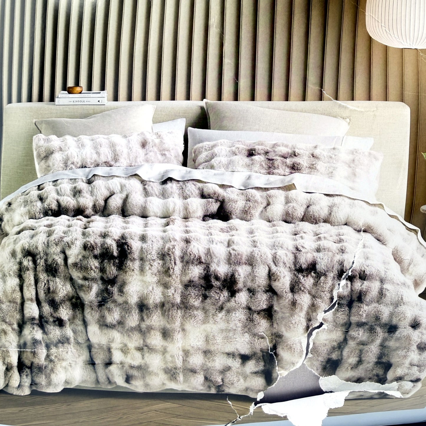 Soft & Luxurious Faux Fur Quilt Cover Set Textured Bedding Cream & Tan QUEEN NEW